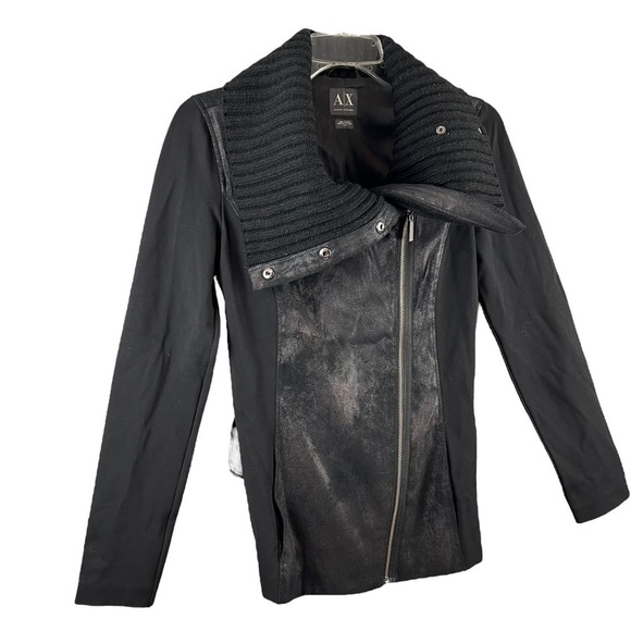 ARMANI EXCHANGE A/X Moto Jacket Black Vegan Leather Wool Small Grunge Goth - Picture 2 of 8